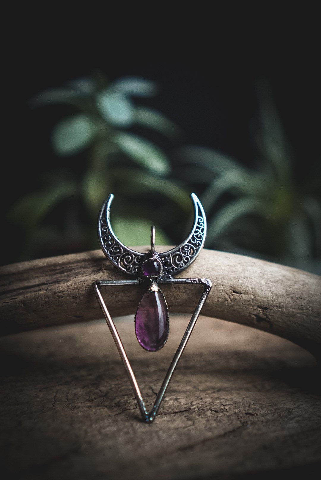 Magical Amethyst Moon Pendant -  Geometric Moon Necklace