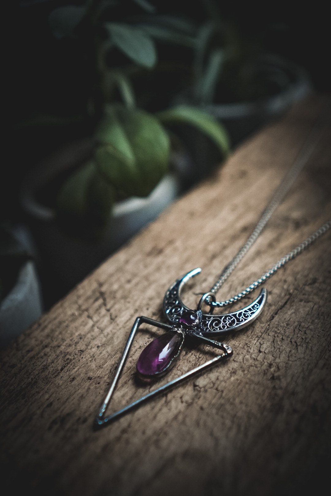 Magical Amethyst Moon Pendant -  Geometric Moon Necklace